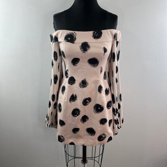C/Meo Collective Beige Black Cotton Polka Dot Off The Shoulder Dress Size M - Picture 3 of 14